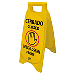 Letrero amarillo tipo tijera con símbolo universal de suelo resbaladizo e indicación de paso cerrado